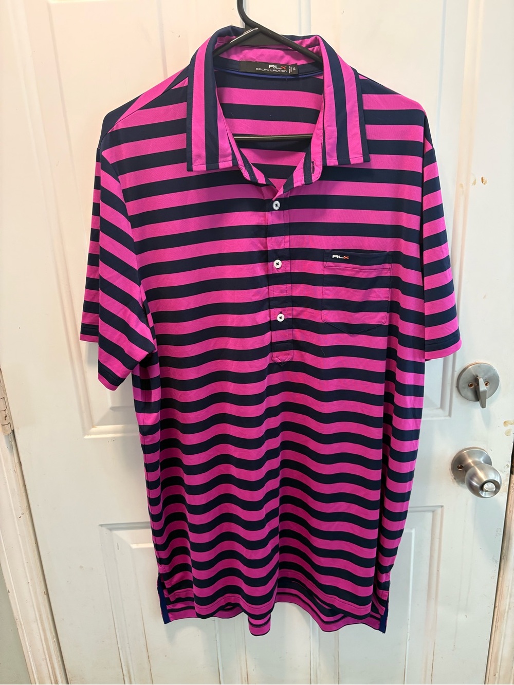 Polo Ralph Lauren RLX Pink and Black striped golf polo